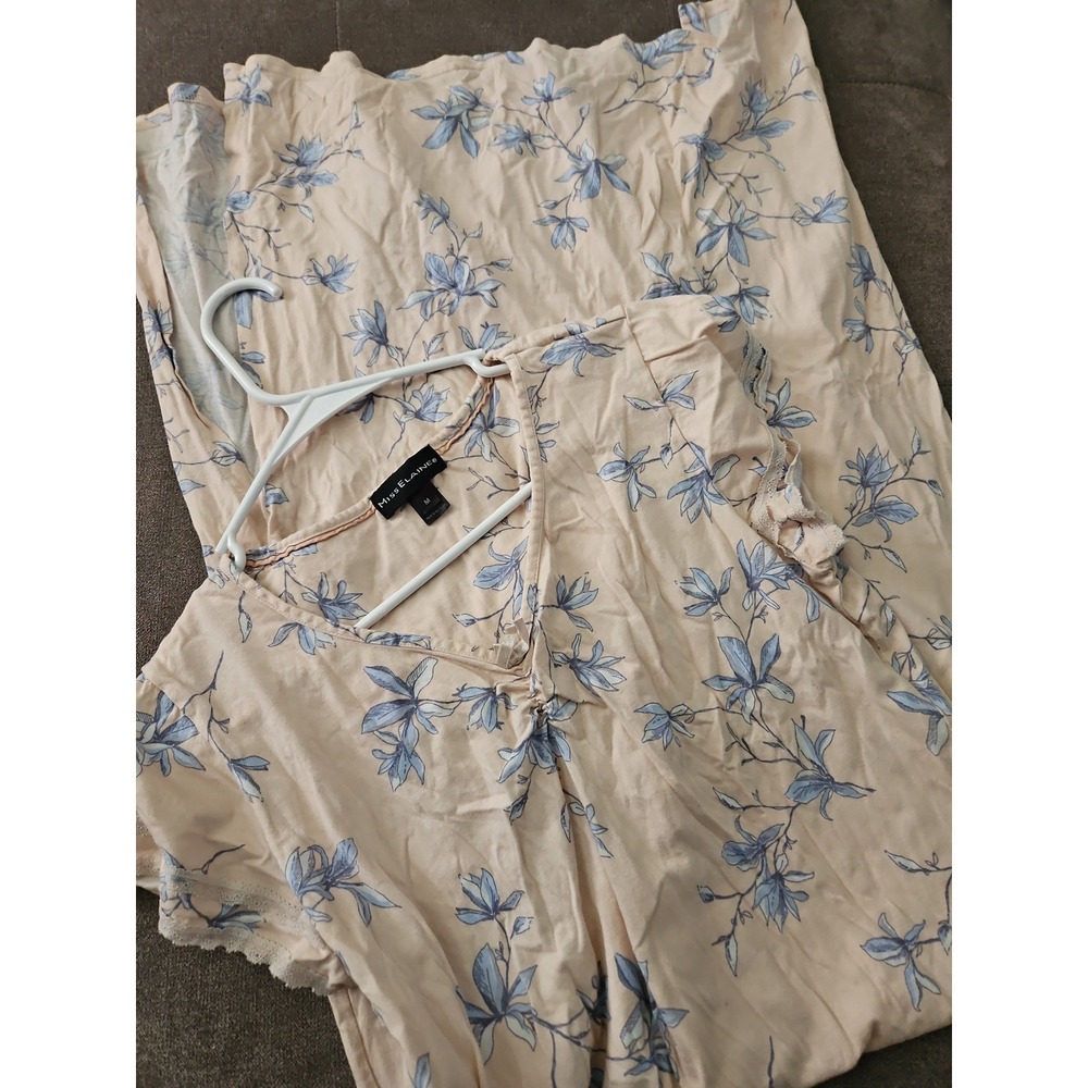 Miss Elaine Nightgown Medium M Peach Blue Floral Lace Trim Short Sleeve Maxi